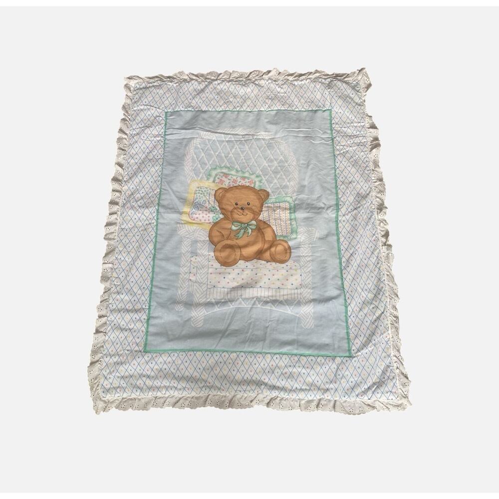 Vtg Handmade Teddy Bear Baby Blanket Wicker Chair 32” x 41” Tummy Time ABCs